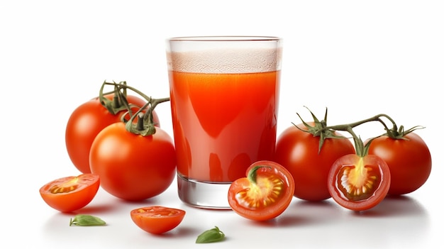 Jugo de tomate en un vaso con tomates frescosgenerativos ai