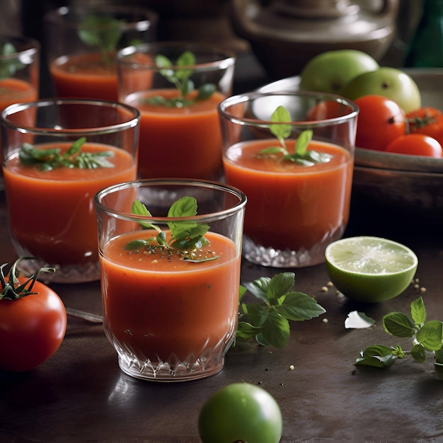 Jugo de tomate en vasos con menta y lima Enfoque selectivo