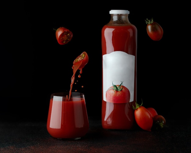 Jugo de tomates frescos en vidrio sobre fondo oscuro y una botella de jugo cerca. levitación en rodajas de dos medias tomates. Verter el jugo de tomate en un vaso.