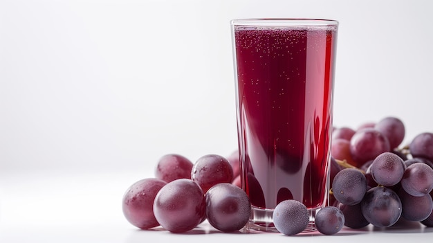 jugo de uva con frutos de uva aislados sobre un fondo blanco con espacio de copia