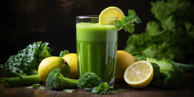 Jugo verde ecológico de pepino y mango en un vaso sobre un fondo oscuro IA generativa