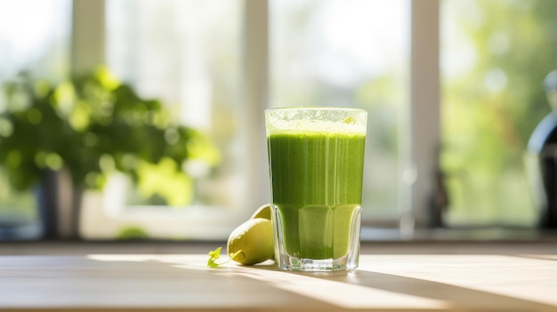 Foto jugo verde fresco por la mañana en la cocina soleada