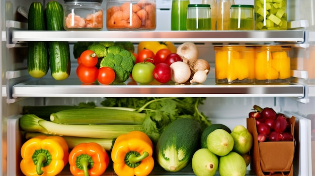 Jugo y verduras frescas en un refrigerador abierto con IA generativa
