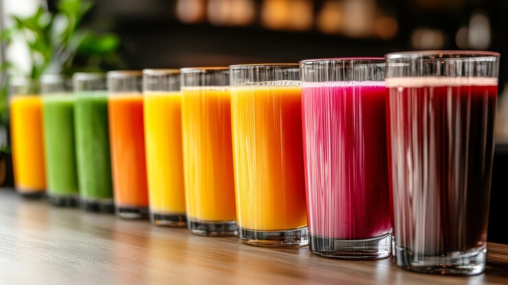Jugos frescos con varios ingredientes en vasos transparentes