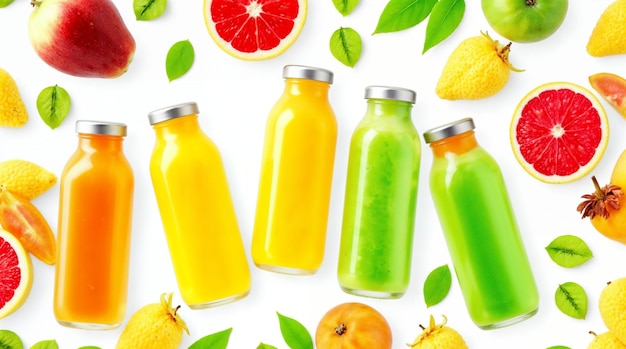 Jugos de frutas de colores y frutas sobre fondo blanco