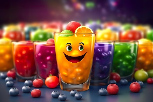 Jugos de frutas coloridos en un vaso con una cara sonriente