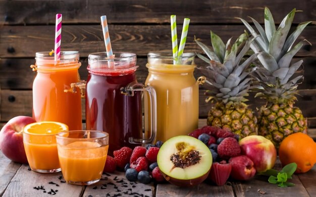 Foto jugos de frutas y frutas frescas