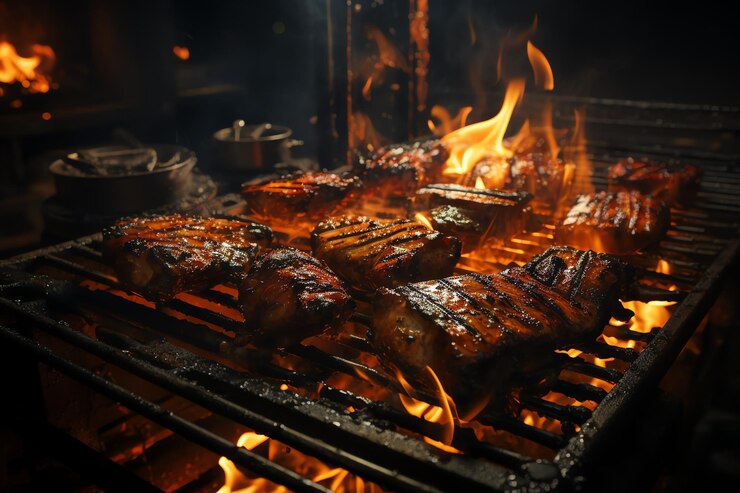 Foto una jugosa chuleta de cerdo a la parrilla sazonada con hierbas y patatas en la cena