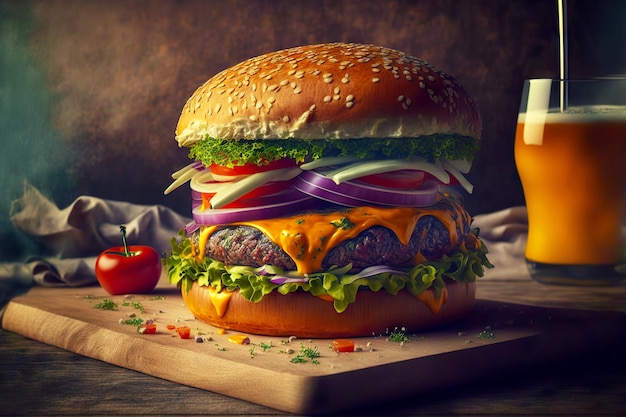 Jugosa hamburguesa casera grande con queso y chuleta como merienda para bebidas