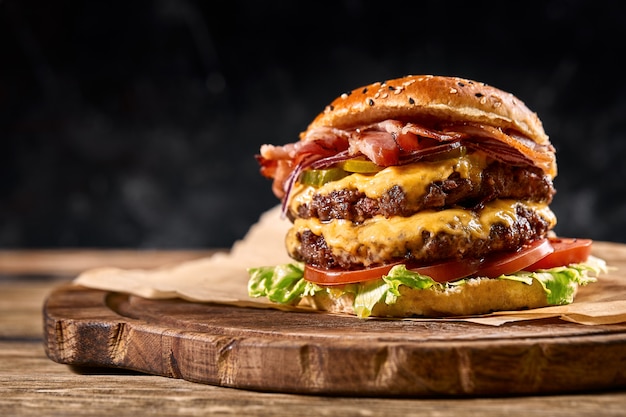 Jugosa hamburguesa, hamburguesa o hamburguesa con queso con dos empanadas de carne, con salsa y regodeada en un espacio negro