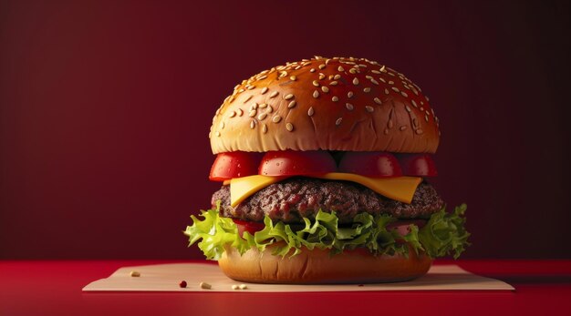 Una jugosa hamburguesa con queso con ingredientes frescos sobre un fondo rojo que destaca su atractiva textura y colores vibrantes