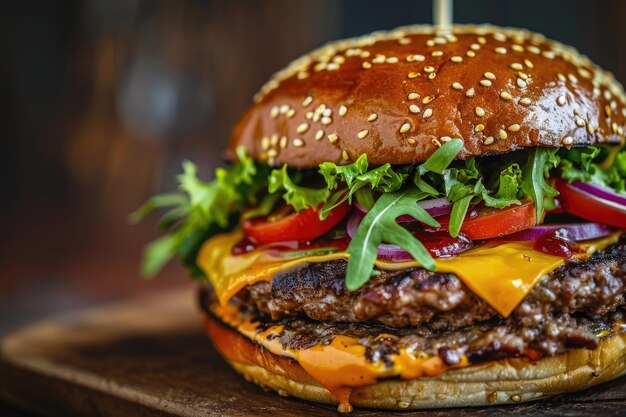 Foto una jugosa hamburguesa con queso con todos los aditivos generados por la ia.