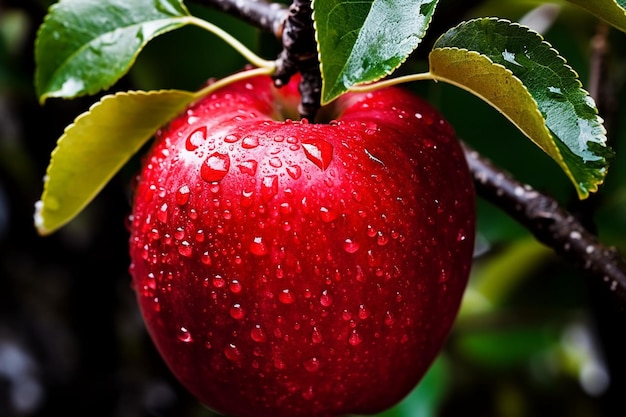 Una jugosa manzana roja que brilla con gotitas