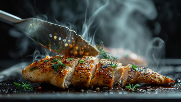 Una jugosa pecha de pollo a la parrilla siendo cortada con el vapor subiendo