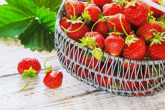 Jugosas fresas frescas en una cesta en madera blanca, enfoque selectivo