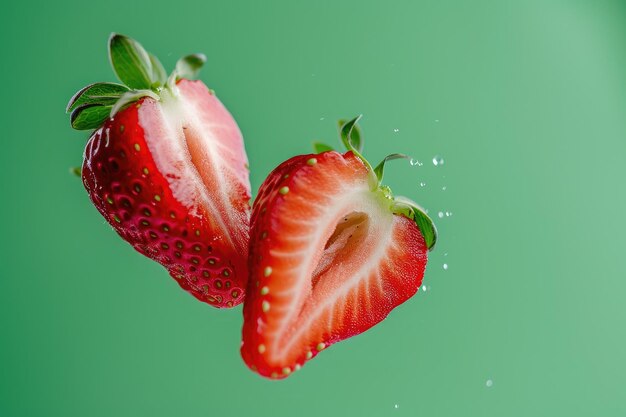 Jugosas fresas a la mitad de fondo verde vibrante