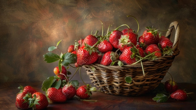 Las jugosas fresas que desbordan de una cesta de tejido rústico