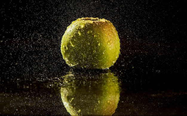 Jugosas manzanas amarillas frescas con gotas de agua en una navaja para cortar manzanas