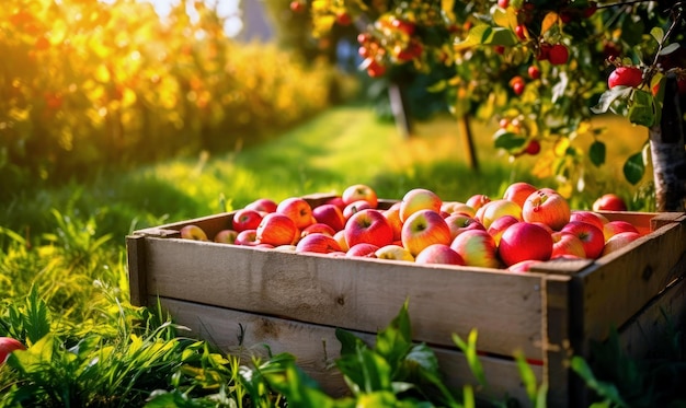 Jugosas manzanas maduras reunidas en una caja de madera Hora de cosechar fruta en el huerto IA generativa