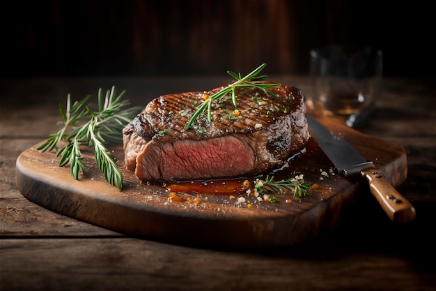 Jugoso bistec a la parrilla con hierbas y especias en una tabla de cortar rústica Barbacoa IA generada