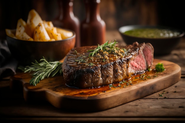 Jugoso bistec a la parrilla con hierbas y especias en una tabla de cortar rústica Barbacoa IA generada