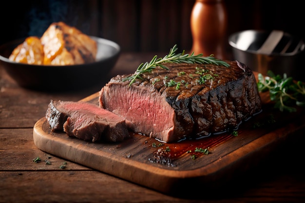 Jugoso bistec a la parrilla con hierbas y especias en una tabla de cortar rústica Barbacoa IA generada