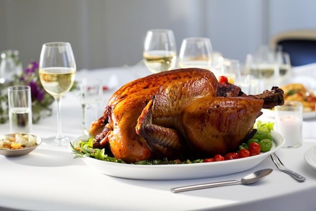 Un jugoso pavo asado ocupa un lugar central en una mesa de comedor blanca y fresca en un comedor moderno y bien iluminado.