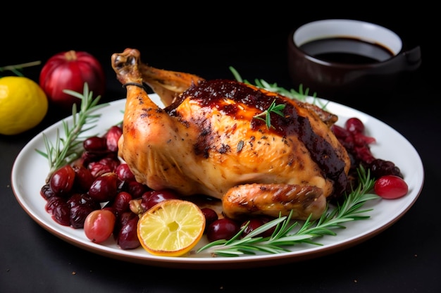 Jugoso pollo asado con verduras en una fuente para hornear sobre una mesa rústica de madera decorada con IA generada