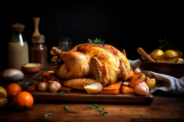 Jugoso pollo asado con verduras en una fuente para hornear sobre una mesa rústica de madera decorada con IA generada