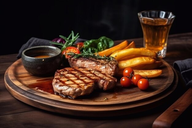 Jugosos bistecs apetitosos en una tabla de madera Restaurante que sirve IA generativa