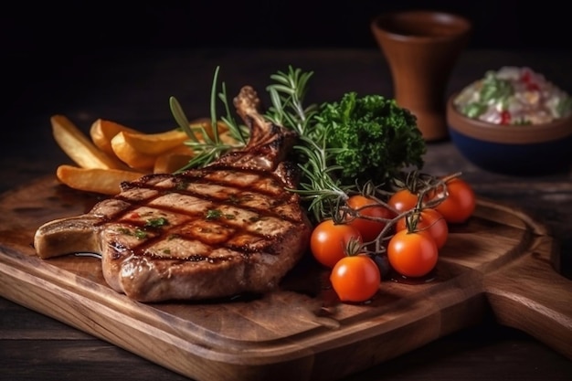 Jugosos bistecs apetitosos en una tabla de madera Restaurante que sirve IA generativa