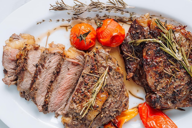 Jugosos filetes de chuletón bien fritos en un plato blanco sobre una superficie de mármol blanco con raspmarine y tomates cherry fritos y filetes de pimientos cortados en rodajas y listos para servir