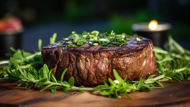 Foto jugosos filetes de parrilla con mantequilla en una mesa de madera rústica con verduras