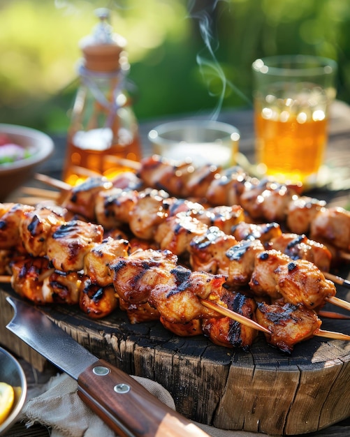 Jugosos pinzones de pollo de barbacoa con una salsa brillante en un plato presentado en una mesa de madera rústica al aire libre