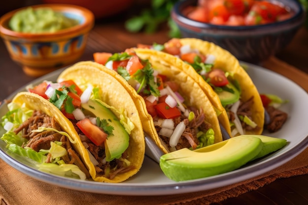 Jugosos tacos de ternera cubiertos con salsa fresca y rodajas de aguacate servidos en un plato colorido