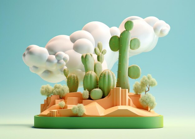 Juguete acogedor de cactus en miniatura pequeño mundo sobre fondo azul