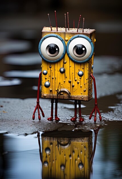 Foto un juguete amarillo con una cara triste está de pie en un charco