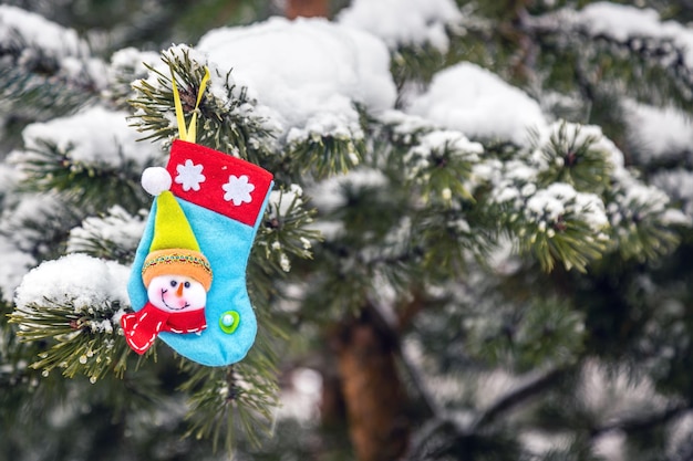 Un juguete de árbol de Navidad está colgado en un árbol de invierno cubierto de nieve en el bosque