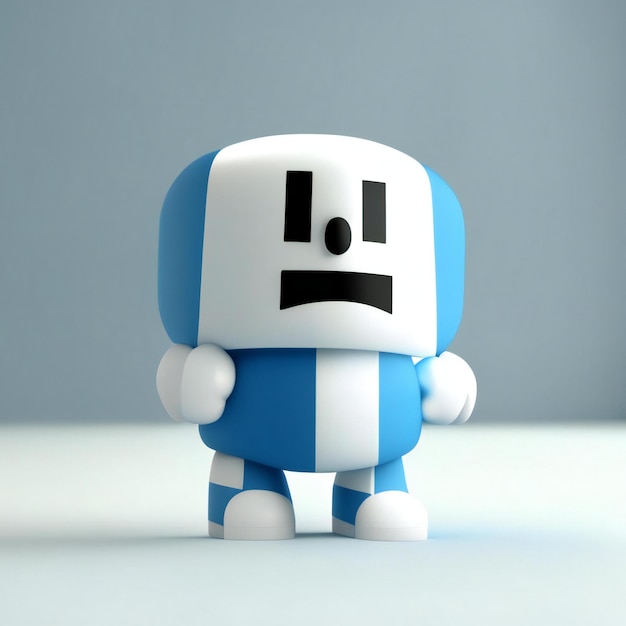 un juguete azul y blanco con una cara triste está sentado sobre una superficie blanca.