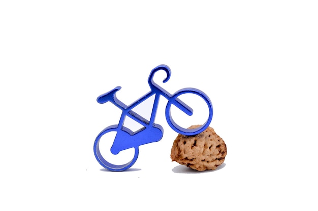 juguete de bicicleta azul sobre un hueso de durazno imagen de un
