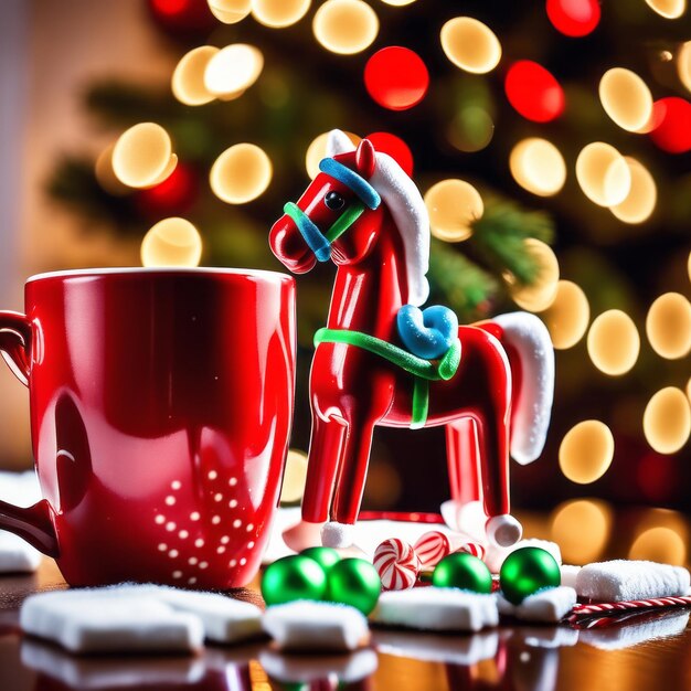 Juguete de caballo de balanceo y taza roja con chocolate caliente y malvavisco y dulces con árbol de Navidad