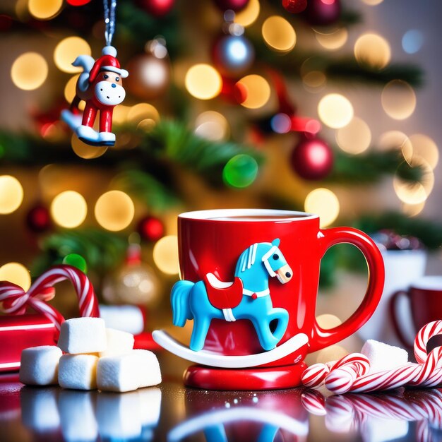 Juguete de caballo de balanceo y taza roja con chocolate caliente y malvavisco y dulces con árbol de Navidad