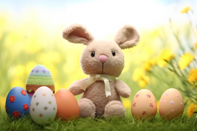 Juguete de conejo de peluche con huevos de Pascua pintados aislados en el fondo de la naturaleza