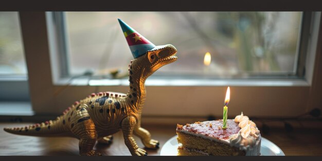 Foto juguete de dinosaurio lúdico con sombrero de fiesta para celebrar el cumpleaños