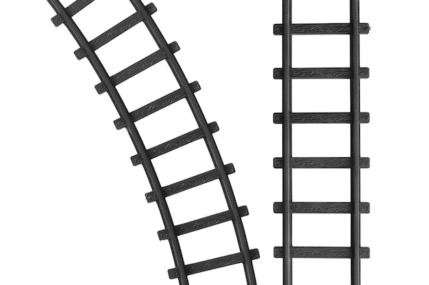 Juguete de ferrocarriles de plástico negro detalle sobre fondo blanco.