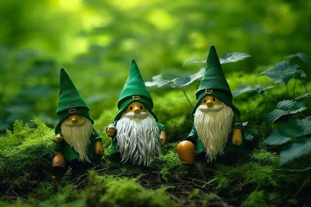 Foto juguete gnomos irlandeses en un bosque misterioso fondo natural verde abstracto