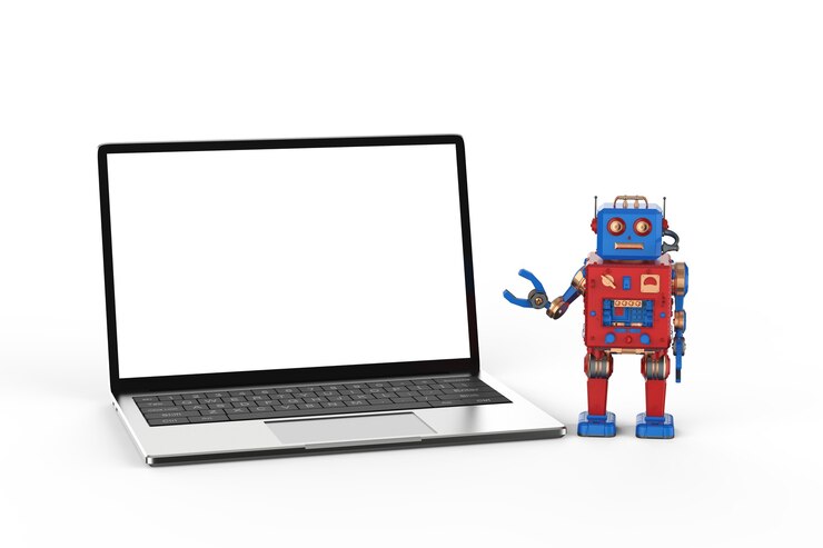 Foto juguete de hojalata de robot de renderizado 3d con computadora portátil de pantalla en blanco