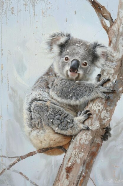 Foto juguete de koala de peluche en una rama de madera