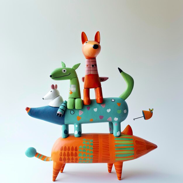 Foto un juguete de madera con animales y un perro encima.