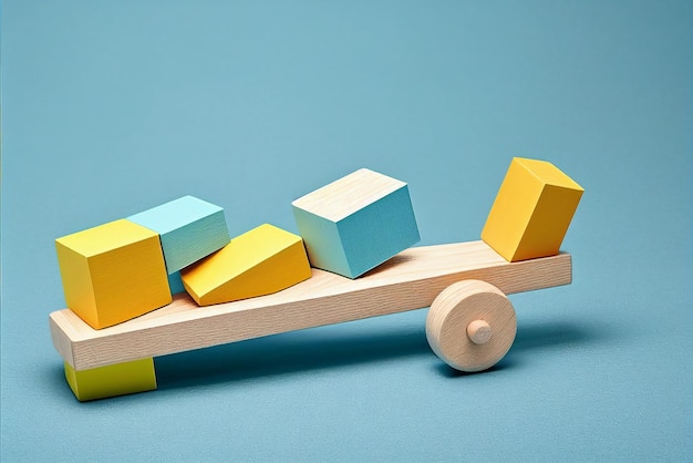 Un juguete de madera con bloques está etiquetado como "el primer paso".